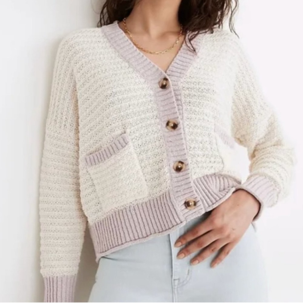 Madewell Cream and Tan Cardigan Sweater with Chunky Ribbed Texture